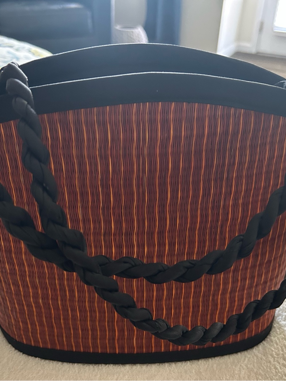 Women's Orange Straw Tote with Black Braided Handles